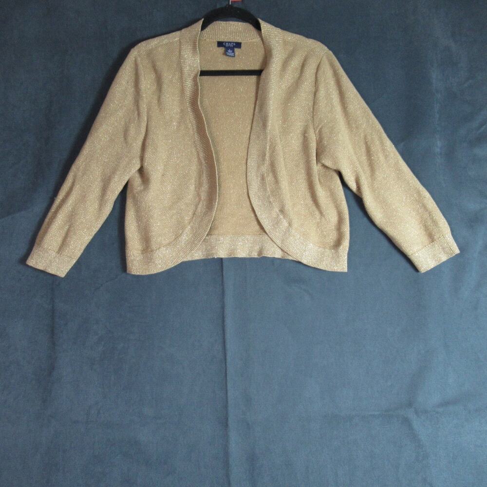 Chaps Sweater Womens Large Gold Knit Metallic Cozy Casual Classic Cropped Open